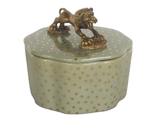 Шкатулка Glasar зеленая в горошек и с бронзовым львом 12x12x10 см