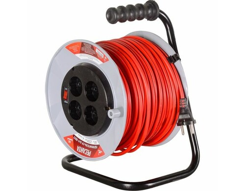 Удлинитель силовой Ресанта СУ-2х1-50/2, розеток 4шт, 2x1.0 кв.мм, 50м, ПВС, катушка, красный [61/118/5]
