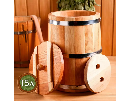 Кадка дубовая, 15л, металлический обруч, с крышкой, с гнетом