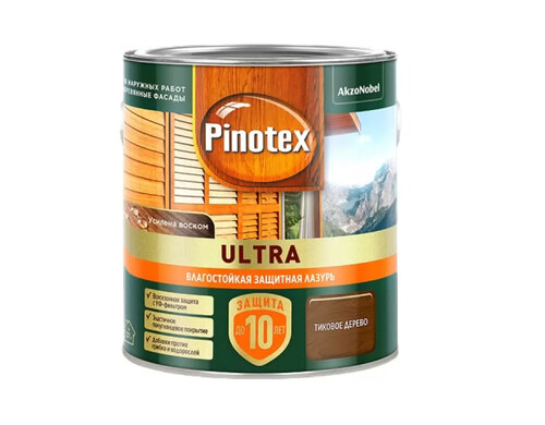 Лазурь для дерева Pinotex Ultra влагостойкая, тиковое дерево, 2,5 л