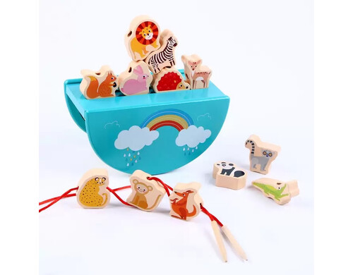Деревянная игрушка Зверята, 9668747, балансир, шнуровка, 18х9,5х10 см, 2 в 1