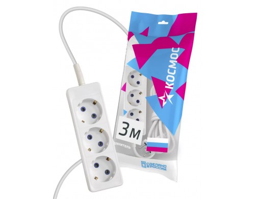 Удлинитель сетевой Космос 3 гнезда, 3 метра, 10А (ПВС 3х0.75), заземление