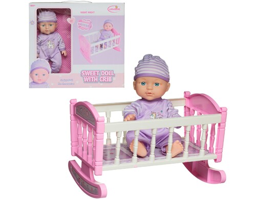 Пупс Junfa Пупс 28 см в сиреневом комбинезоне в наборе с кроваткой-качалкой WJ-36382