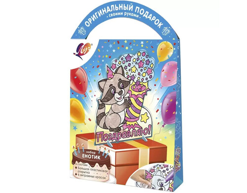 Набор красок по стеклу Луч  Витражная открытка "Енотик" 6 цветов + фигурная открытка