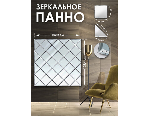 Зеркальное панно Стеклография с фацетом, на стену 102,4 см х 102,2 см