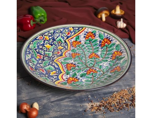 Ляган Риштанская Керамика "Цветы", 42 см, синий