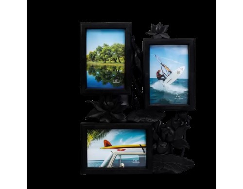 Фоторамка пластик на 3 фото 10х15 см "Лотосы" чёрный 36х27 см