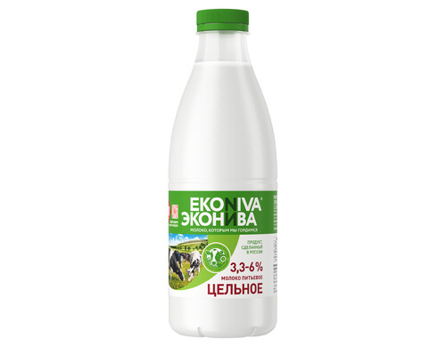 Молоко «ЭкоНива» цельное пастеризованное 3,3–6% БЗМЖ, 1 л