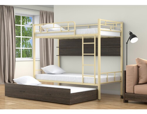 Трехъярусная кровать 4 сезона металлическая Валенсия выкатная с полкой бежевый