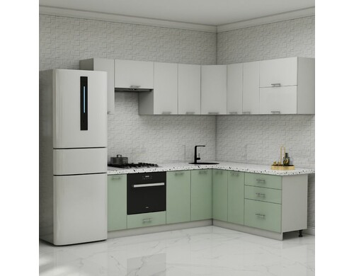 Кухонный гарнитур угловой Карандаш Ксения 2,3 х 1,8 м, МДФ белый глянец, олива глянец