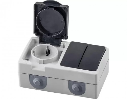 Розетка STEKKER 32761  1-местная с/з  выключатель 2-клавишный PST16-11-54/10-121-54 серый